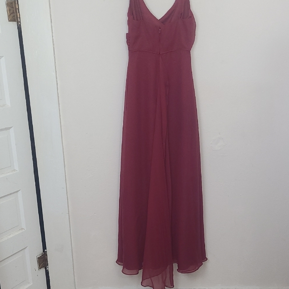 Formal Maxi Dress Burgundy Spaghetti Strap Sweetheart Train Sheer Chiffon Whimsi - Picture 8 of 14